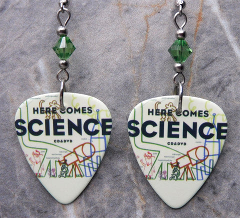 They Might Be Giants Here Comes Science Guitar Pick Earrings with Green Swarovski Crystals