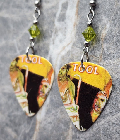 Tool Guitar Pick Earrings with Olivine Green Swarovski Crystals