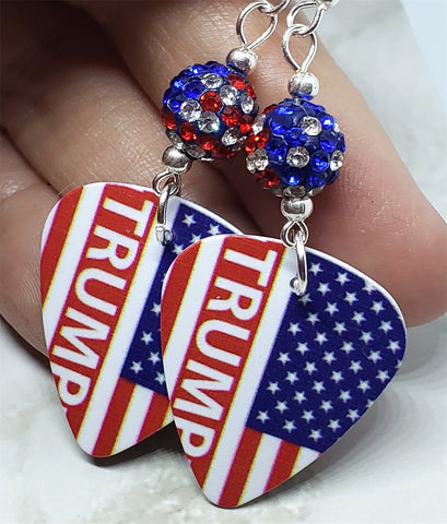 Trump American Flag Guitar Pick Earrings with American Flag Pave Beads