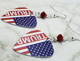 Trump American Flag Guitar Pick Earrings with Red Swarovski Crystals