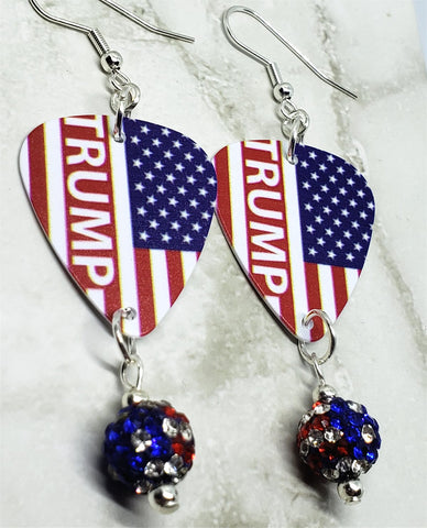 Trump American Flag Guitar Pick Earrings with American Flag Pave Bead Dangles