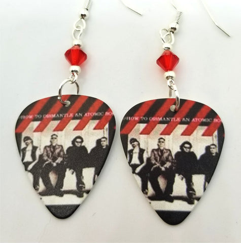 U2 How to Dismantle an Atomic Bomb Guitar Pick Earrings with Red Swarovski Crystals