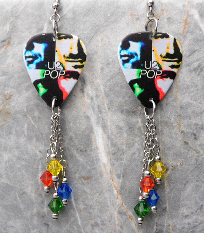 U2 Pop Guitar Pick Earrings with Swarovski Crystals Dangles