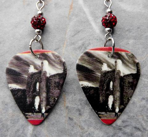 U2 The Unforgettable Fire Guitar Pick Earrings with Red Pave Beads