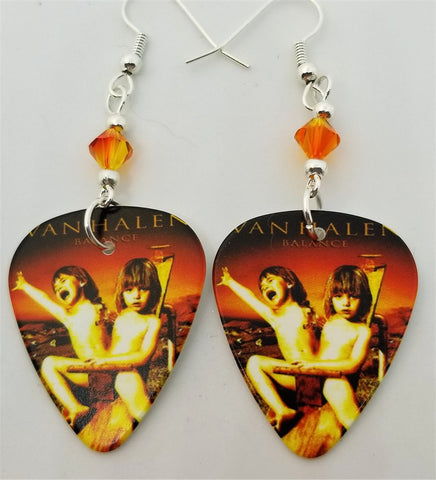 Van Halen Balance Guitar Pick Earrings with Fire Opal Swarovski Crystals