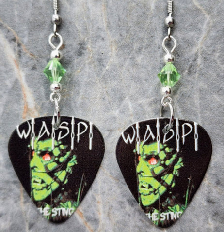 W.A.S.P. The Sting Guitar Pick Earrings with Green Swarovski Crystals