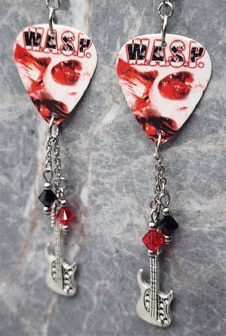 W.A.S.P. The Best of the Best Guitar Pick Earrings with Guitar Charm and Swarovski Crystal Dangles