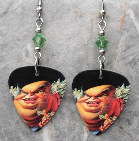 Warrant Guido Dirty Rotten Filthy Stinkin Rich Guitar Pick Earrings with Green Swarovski Crystals