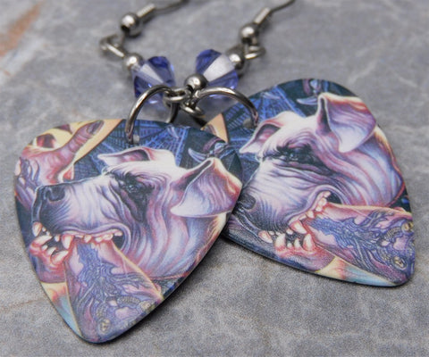 Warrant Dog Eat Dog Guitar Pick Earrings with Purple Swarovski Crystals