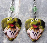 Weezer Keep Fishin Guitar Pick Earrings with Green Swarovski Crystals