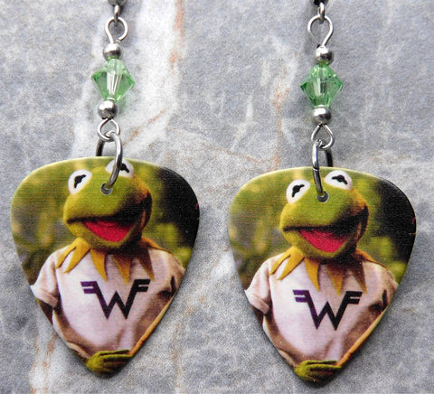 Weezer Keep Fishin Guitar Pick Earrings with Green Swarovski Crystals