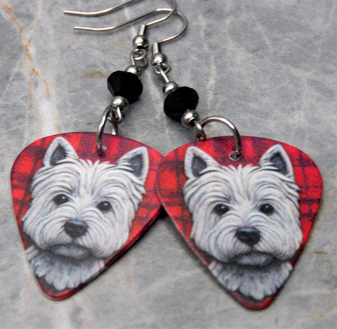 West Highland Terrier Westie Guitar Pick Earrings with Black Swarovski Crystals
