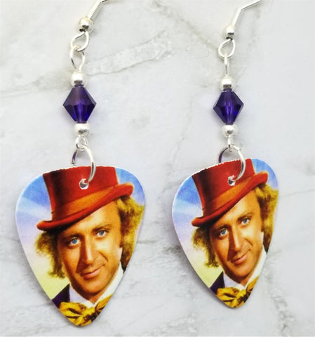 Willy Wonka Guitar Pick Earrings with Purple Swarovski Crystals