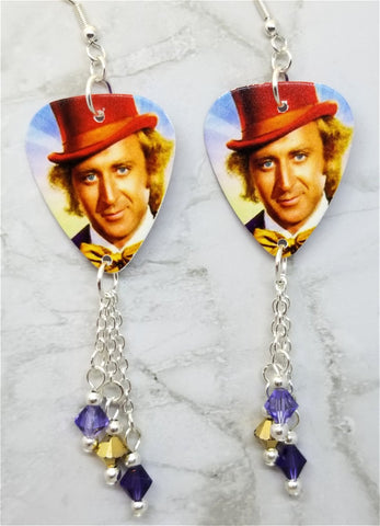 Willy Wonka Guitar Pick Earrings with Swarovski Crystal Dangles