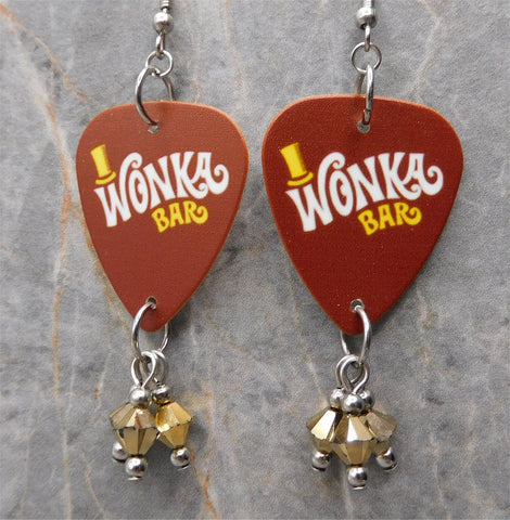 Wonka Bar Guitar Pick Earrings with Gold Swarovski Crystal Dangles