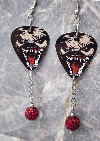 Classic Movie Monsters Wolfman Guitar Pick Earrings with Red Pave Bead Dangles