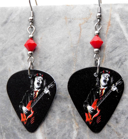 AC/DC Angus Young Guitar Pick Earrings with Red Swarovski Crystals