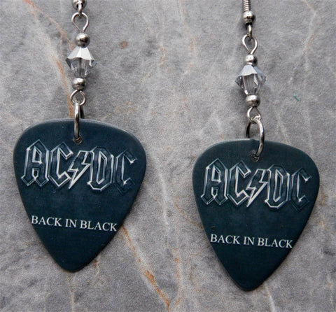 AC/DC Back in Black Guitar Pick Earrings with Metallic Silver Swarovski Crystals