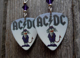 AC/DC Angus Young Devil Guitar Pick Earrings with Purple Swarovski Crystals