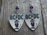 AC/DC Angus Young Devil Guitar Pick Earrings with Purple Swarovski Crystals