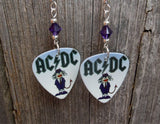 AC/DC Angus Young Devil Guitar Pick Earrings with Purple Swarovski Crystals