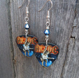 AC/DC Angus Young Guitar Pick Earrings with Metallic Blue Swarovski Crystals