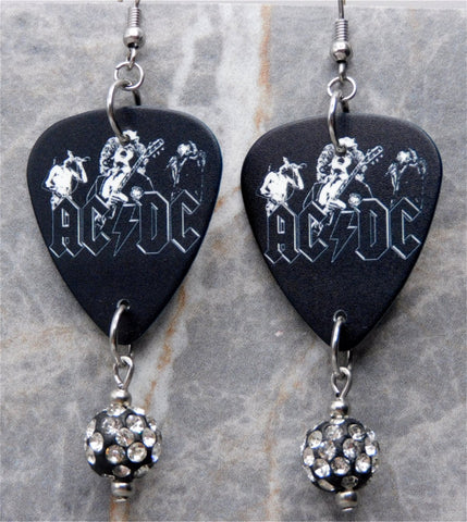 ACDC Guitar Pick Earrings with Black and White Pave Bead Dangles