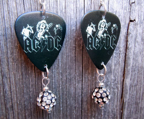 ACDC Guitar Pick Earrings with Black and White Pave Bead Dangles