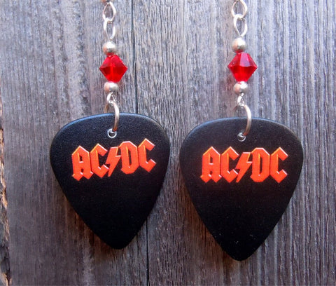 AC/DC Black Guitar Pick Earrings with Red Swarovski Crystals