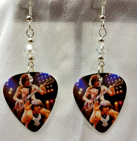 AC/DC Angus Young and Brian Johnson Guitar Pick Earrings with Clear Swarovski Crystals