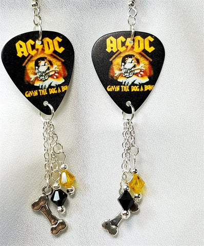 AC/DC Givin The Dog A Bone Guitar Pick Earrings with Bone Charms and Swarovski Crystal Dangles