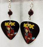 Angus Young AC/DC Guitar Pick Earrings with Dark Red Pave Beads