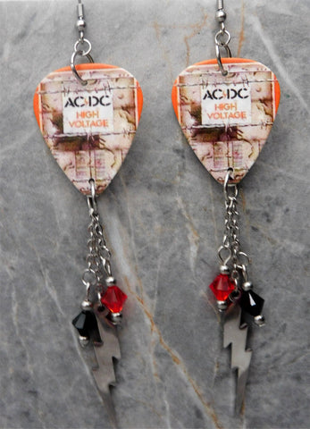 AC/DC High Voltage Guitar Pick Earrings with Swarovski Crystal and Charm Dangles