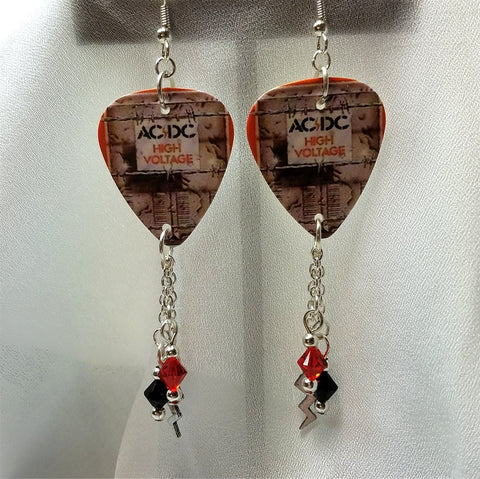 AC/DC High Voltage Guitar Pick Earrings with Swarovski Crystal and Charm Dangles