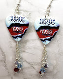 AC/DC Razor's Edge Guitar Pick Earrings with Aqua Blue, Red, and Metallic Silver Swarovski Crystal Dangles