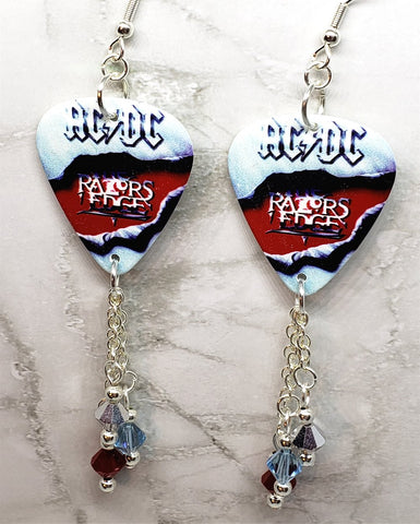 AC/DC Razor's Edge Guitar Pick Earrings with Aqua Blue, Red, and Metallic Silver Swarovski Crystal Dangles