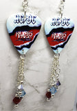 AC/DC Razor's Edge Guitar Pick Earrings with Aqua Blue, Red, and Metallic Silver Swarovski Crystal Dangles