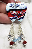 AC/DC Razor's Edge Guitar Pick Earrings with Aqua Blue, Red, and Metallic Silver Swarovski Crystal Dangles