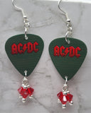 AC/DC Guitar Pick Earrings with Red Swarovski Crystal Dangles