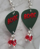 AC/DC Guitar Pick Earrings with Red Swarovski Crystal Dangles