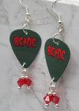 AC/DC Guitar Pick Earrings with Red Swarovski Crystal Dangles