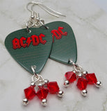 AC/DC Guitar Pick Earrings with Red Swarovski Crystal Dangles