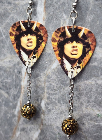 AC/DC Angus Young Highway to Hell Guitar Pick Earrings with Dark Gold Pave Bead Dangles