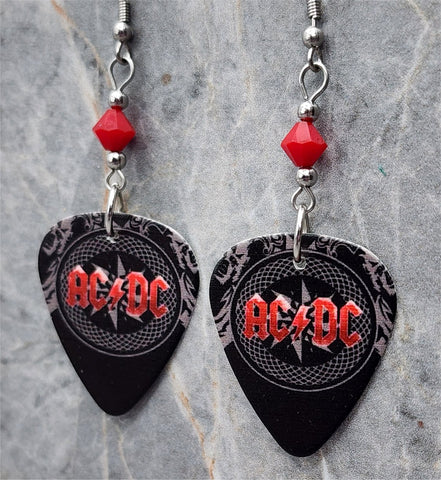 AC/DC Black Guitar Pick Earrings with Red Swarovski Crystals