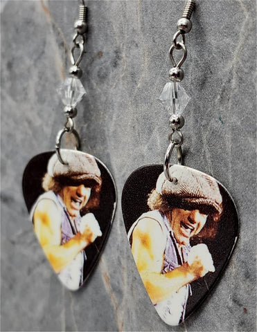 AC/DC Brian Johnson Guitar Pick Earrings with Clear Swarovski Crystals