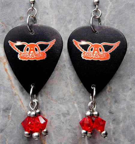 Aerosmith Guitar Pick Earrings with Transparent Red Swarovski Crystal Dangles