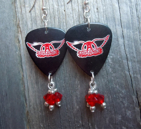 Aerosmith Guitar Pick Earrings with Transparent Red Swarovski Crystal Dangles