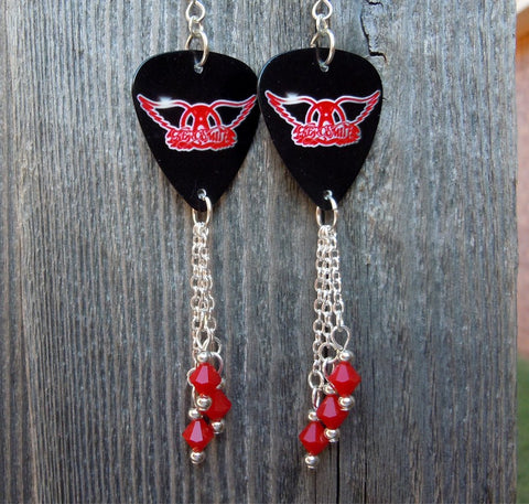 Aerosmith Guitar Pick Earrings with Opaque Red Swarovski Crystal Dangles