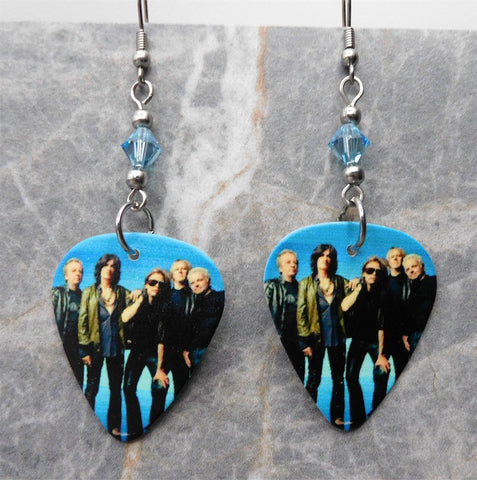 Aerosmith Group Picture Guitar Pick Earrings with Aqua Blue Swarovski Crystals
