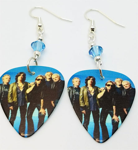 Aerosmith Group Picture Guitar Pick Earrings with Aqua Blue Swarovski Crystals